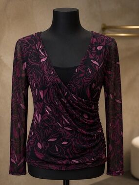Apt. 9 Black and Plum Printed Surplice Long-Sleeve Blouse